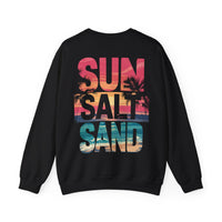 Sun Salt Sand, Beach Sunset - Front & Back Print – Gildan Heavy Blend | Trendy Women’s and Men's Soft Sweatshirt. Direct to Garment. Printed & Shipped in the USA. Unisex Sizes.