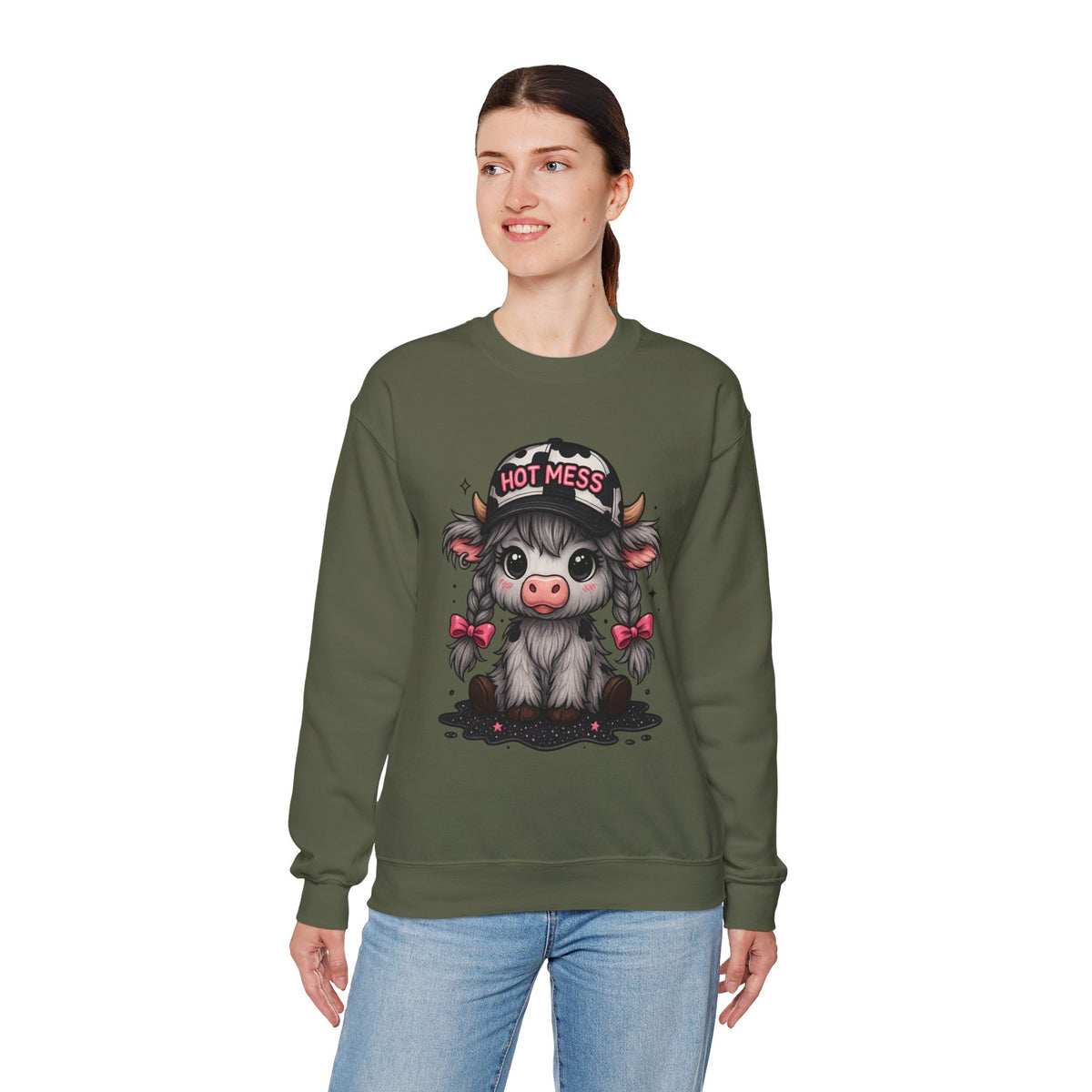 Cute Highland Cow 'Hot Mess' In Braids – Gildan Heavy Blend | Trendy Women’s Soft Sweatshirt. Direct to Garment. Printed & Shipped in the USA. Unisex Sizes.