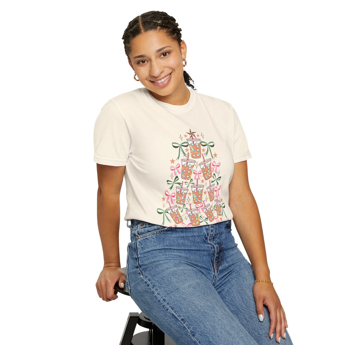 Merry and Caffeinated Iced Coffee Christmas Tree - Comfort Colors | Trendy Women's T-Shirt. Direct to Garment. Printed & Shipped in the USA. Unisex Sizes.