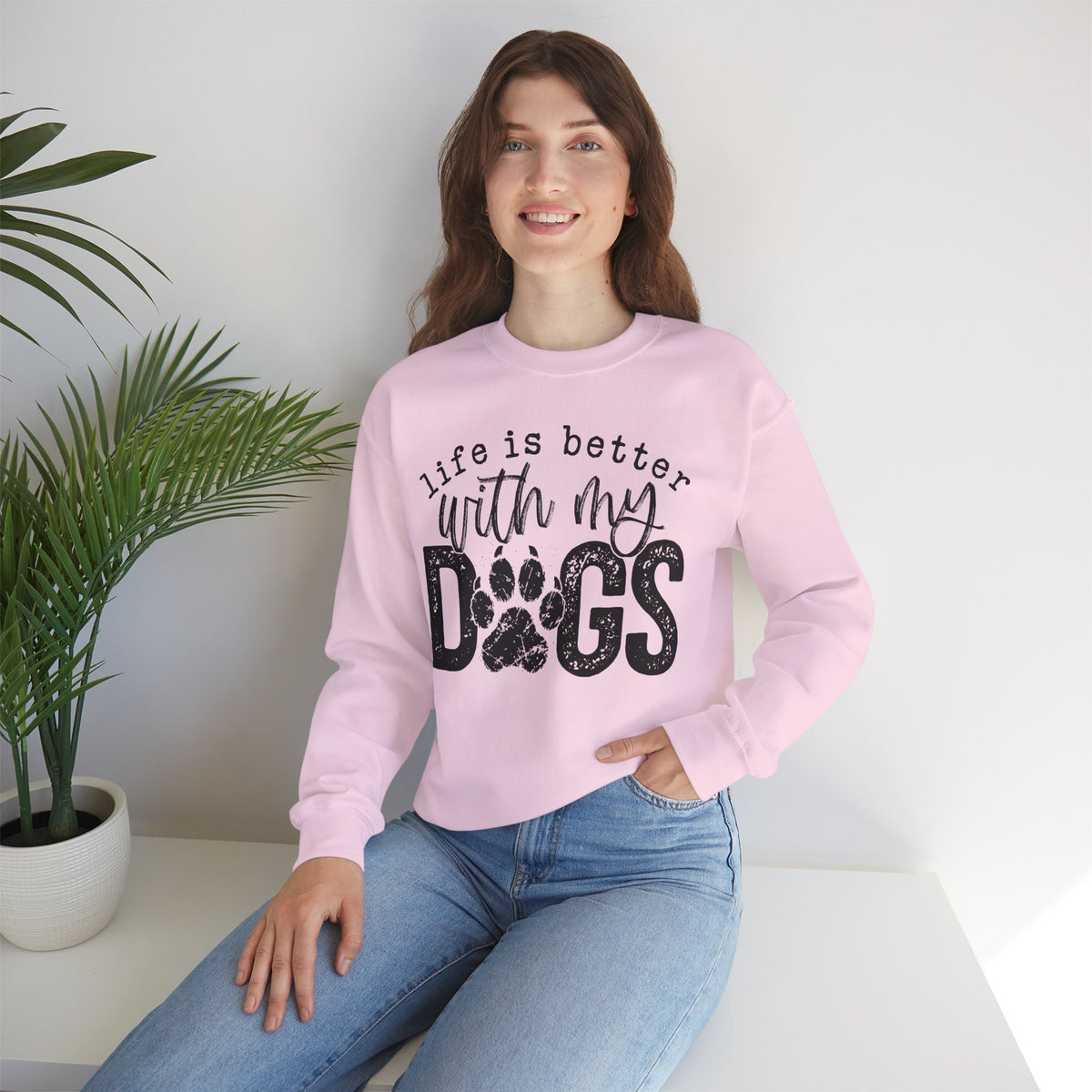 Life Is Better With My Dogs, Distressed – Gildan Heavy Blend | Trendy Women’s and Men's Soft Sweatshirt. Direct to Garment. Printed & Shipped in the USA. Unisex Sizes.