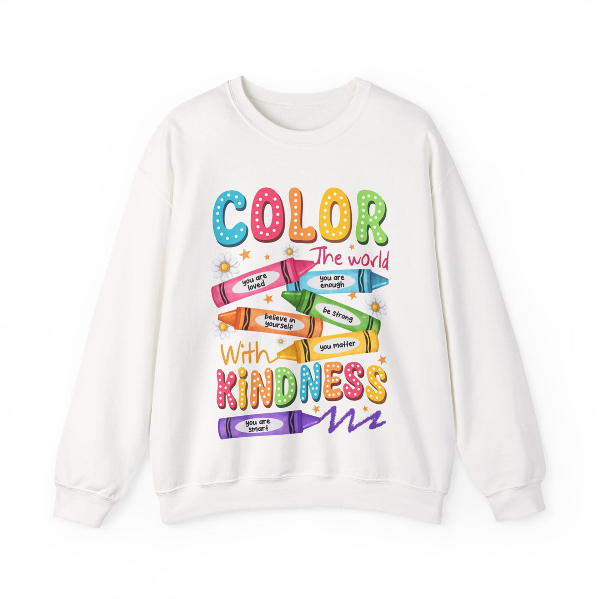 Color the World With Kindness Crayons, Great Teacher Gift – Gildan Heavy Blend | Trendy Women’s and Men's Soft Sweatshirt. Direct to Garment. Printed & Shipped in the USA. Unisex Sizes.