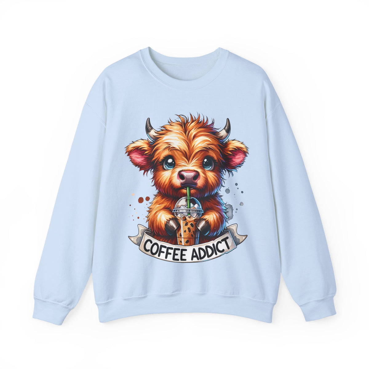 Coffee Addict Highland Cow Drinking Iced Coffee – Gildan Heavy Blend | Trendy Women’s Soft Sweatshirt. Direct to Garment. Printed & Shipped in the USA. Unisex Sizes.