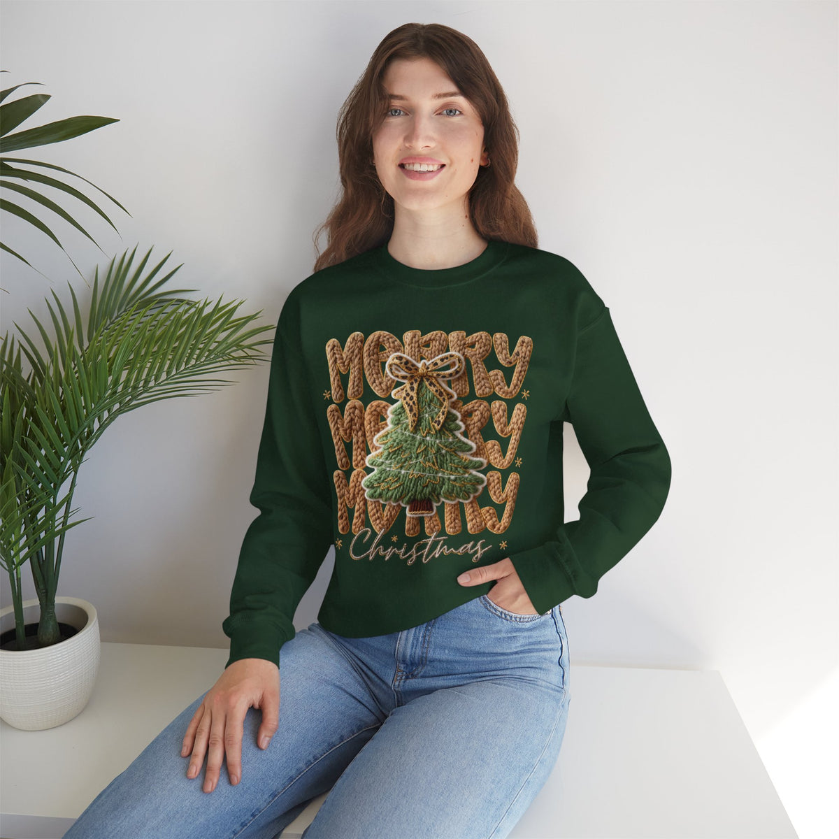 Merry Merry Merry Christmas, Faux Latch Hook Yarn – Gildan Heavy Blend | Trendy Women’s Soft Sweatshirt. Direct to Garment. Printed & Shipped in the USA. Unisex Sizes.