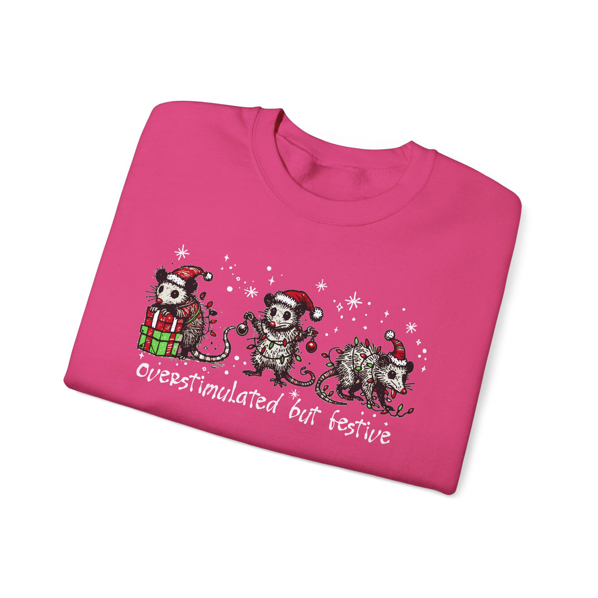 Overstimulated But Festive Christmas Possums – Gildan Heavy Blend | Trendy Women’s and Men's Soft Sweatshirt. Direct to Garment. Printed & Shipped in the USA. Unisex Sizes.