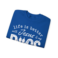 Life is Better With Jesus and My Dogs – Gildan Heavy Blend | Trendy Women’s and Men's Soft Sweatshirt. Direct to Garment. Printed & Shipped in the USA. Unisex Sizes.