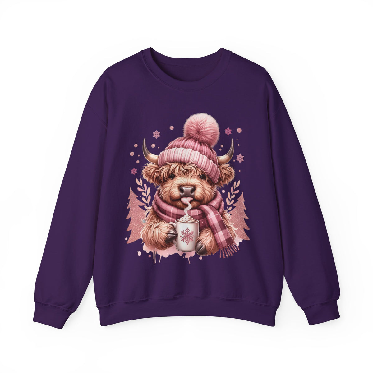 Cozy Highland Cow, Winter Coffee Mug & Scarf Pink – Gildan Heavy Blend | Trendy Women’s Soft Sweatshirt. Direct to Garment. Printed & Shipped in the USA. Unisex Sizes.