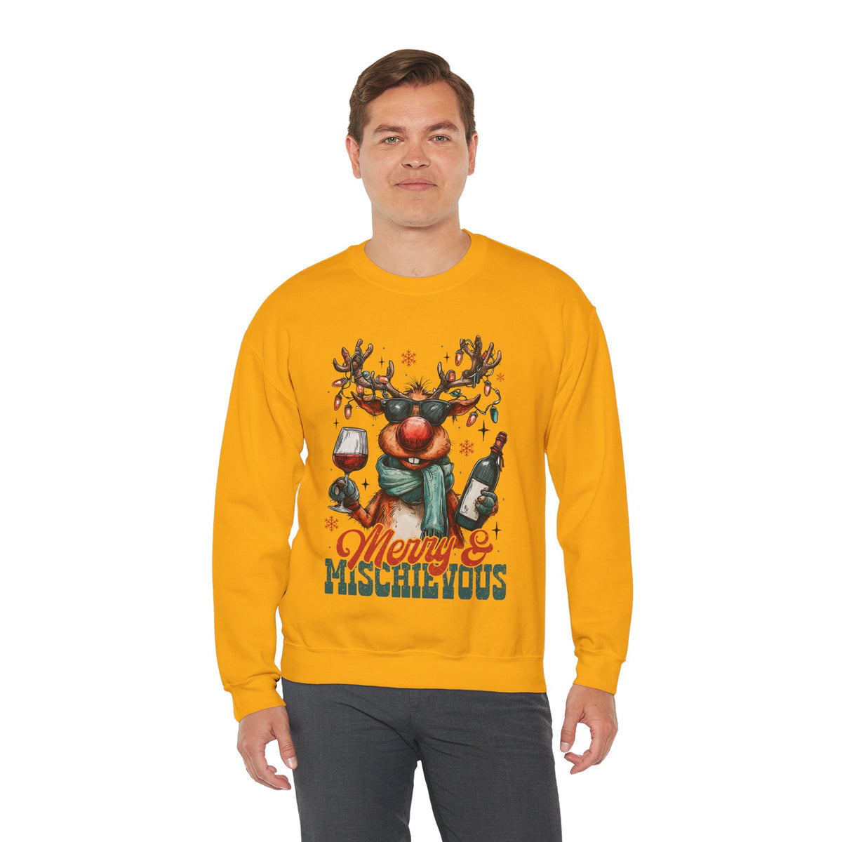 Merry & Mischievous Reindeer – Gildan Heavy Blend | Trendy Women’s and Men's Soft Sweatshirt. Direct to Garment. Printed & Shipped in the USA. Unisex Sizes.