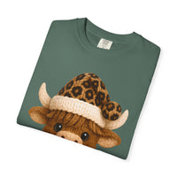 Cute Highland Cow with Leopard Santa Hat Christmas - Comfort Colors | Trendy Women's T-Shirt. Direct to Garment. Printed & Shipped in the USA. Unisex Sizes.