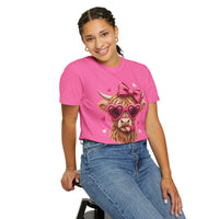 Highland Cow - Pink Heart Shaped Glasses - Comfort Colors | Trendy Women's T-Shirt. Direct to Garment. Printed & Shipped in the USA. Unisex Sizes.