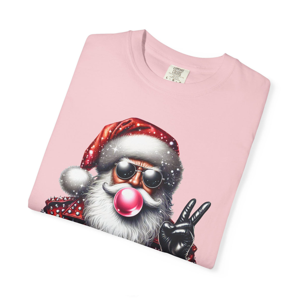 Biker Santa Leather Jacket Bubblegum - Comfort Colors | Trendy Women's and Men's T-Shirt. Direct to Garment. Printed & Shipped in the USA. Unisex Sizes.