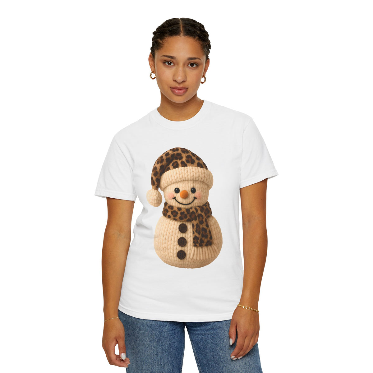 Cute Leopard Faux Knit Snowman Winter - Comfort Colors | Trendy Women's T-Shirt. Direct to Garment. Printed & Shipped in the USA. Unisex Sizes.