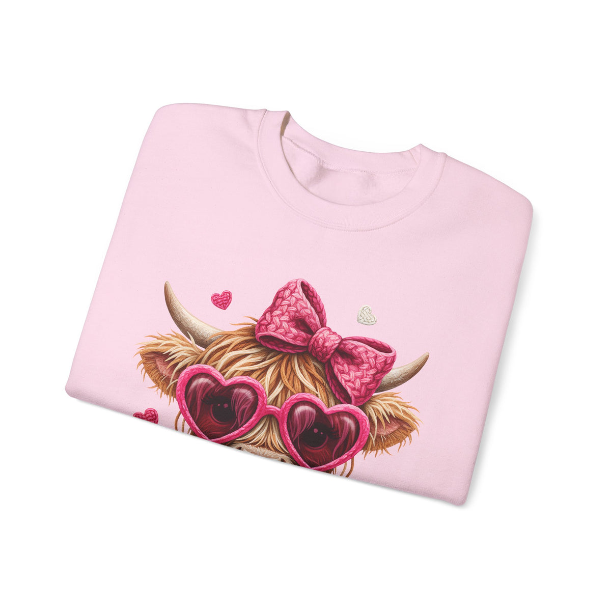 Highland Cow - Pink Heart Shaped Glasses – Gildan Heavy Blend | Trendy Women’s Soft Sweatshirt. Direct to Garment. Printed & Shipped in the USA. Unisex Sizes.