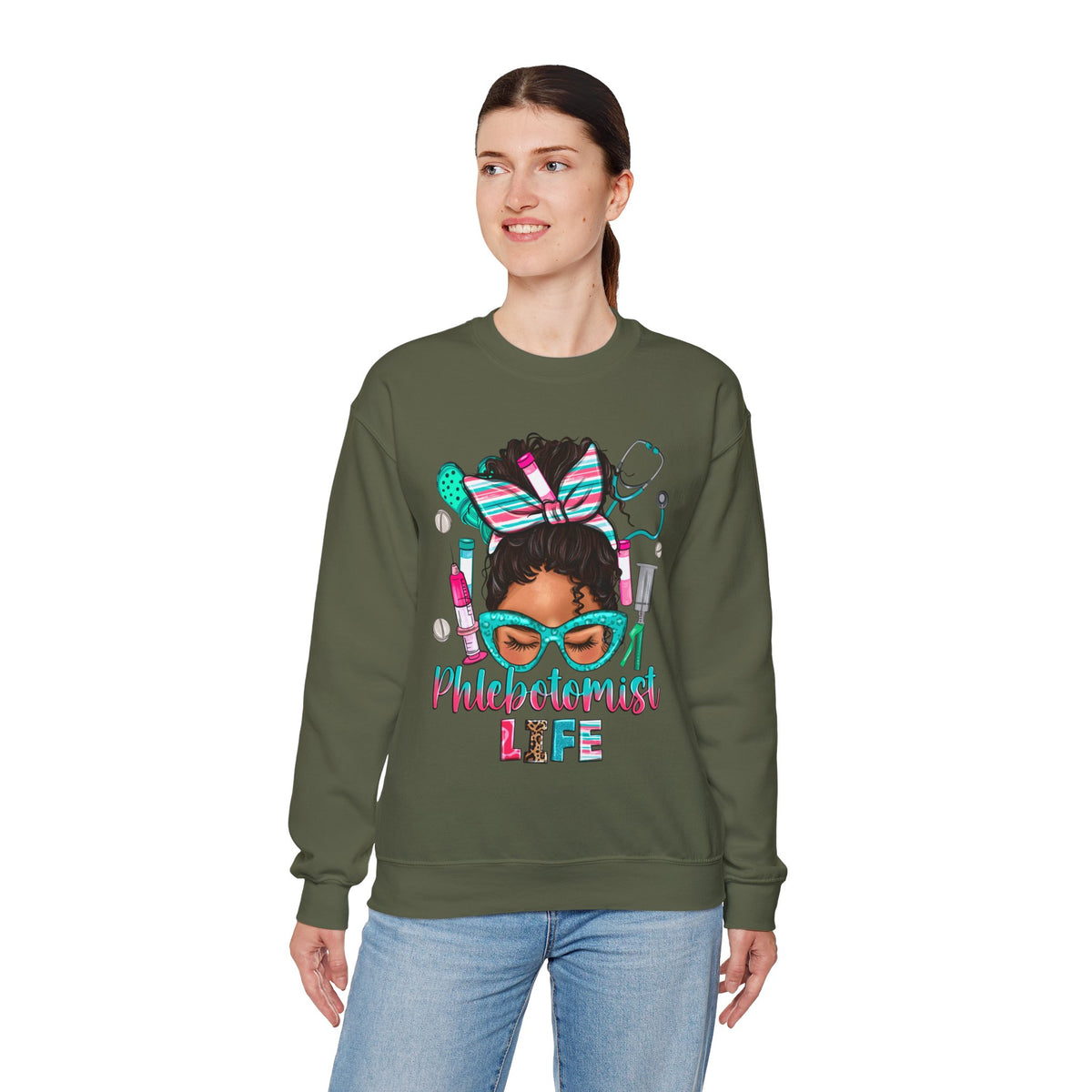 Phlebotomist Life, Messy Bun – Gildan Heavy Blend | Trendy Women’s Soft Sweatshirt. Direct to Garment. Printed & Shipped in the USA. Unisex Sizes.
