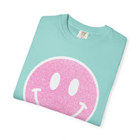 Faux Glitter Smiley - Comfort Colors | Trendy Women's T-Shirt. Direct to Garment. Printed & Shipped in the USA. Unisex Sizes.
