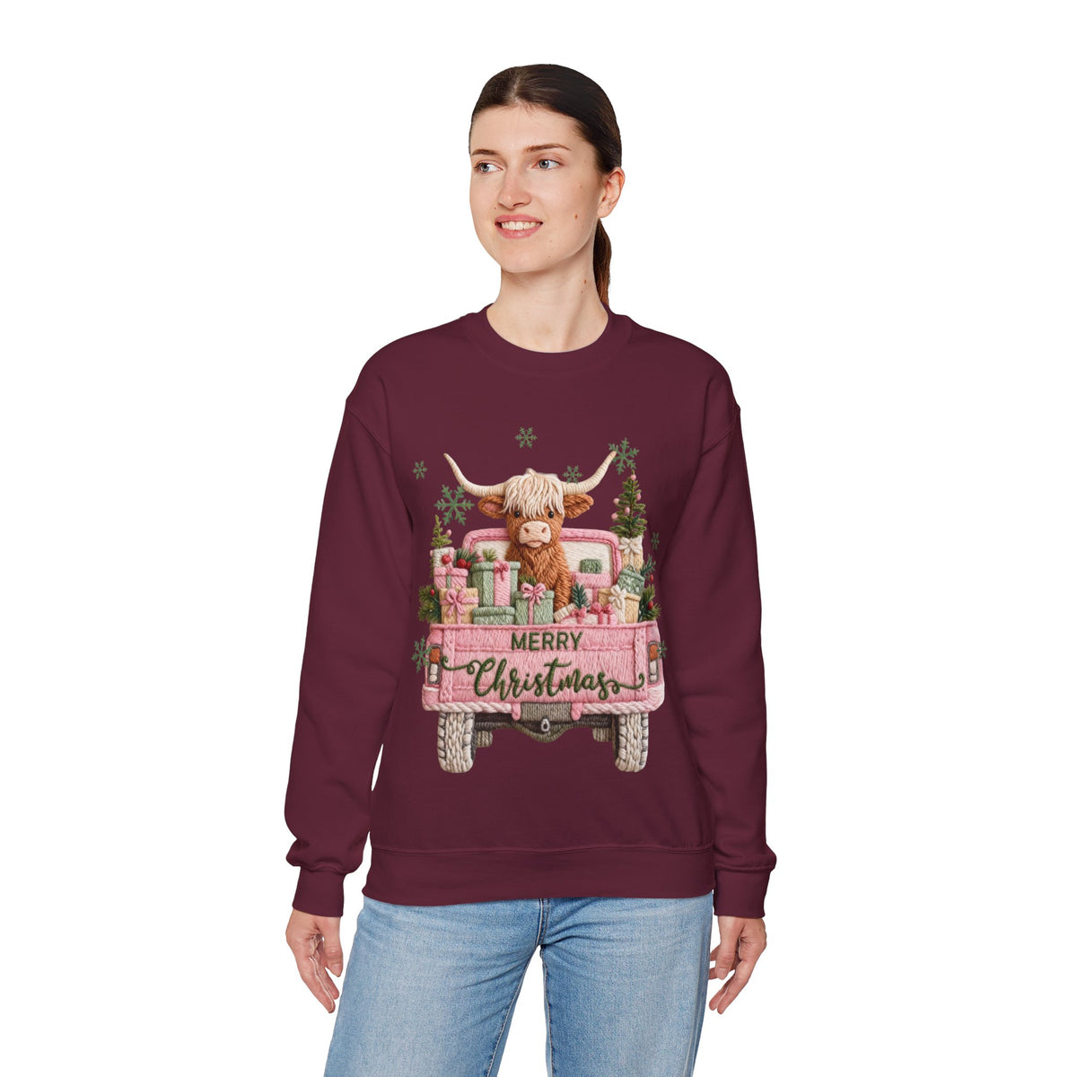 Highland Cow in Pink Truck Merry Christmas Holiday Farmhouse – Gildan Heavy Blend | Trendy Women’s Soft Sweatshirt. Direct to Garment. Printed & Shipped in the USA. Unisex Sizes.