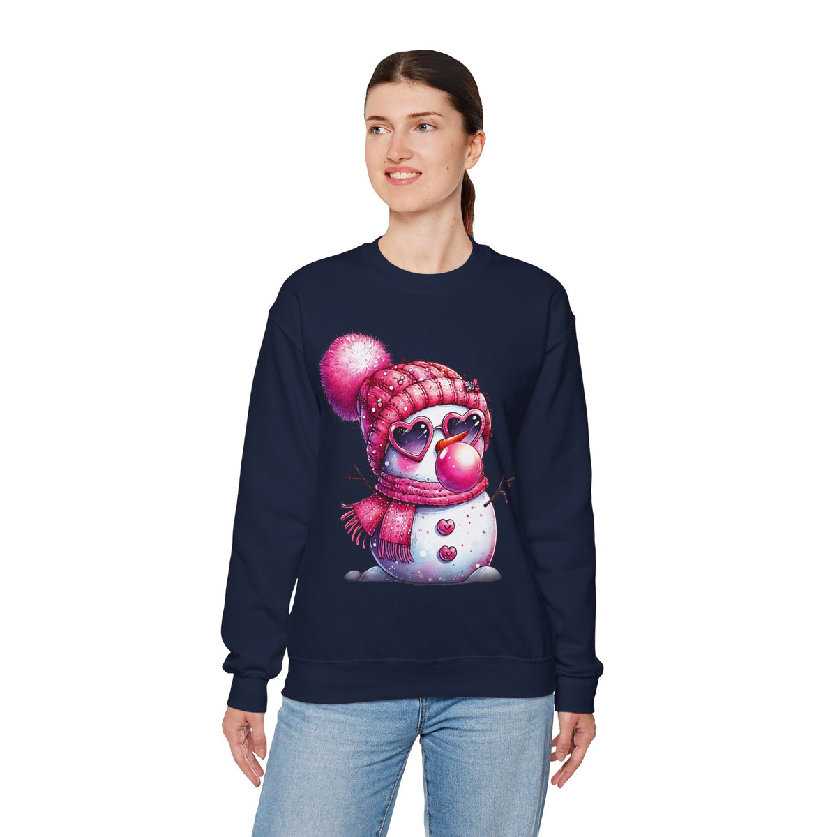 Pink Girly Snowman with Heart Sunglasses and Bubblegum - Winter – Gildan Heavy Blend | Trendy Women’s Soft Sweatshirt. Direct to Garment. Printed & Shipped in the USA. Unisex Sizes.