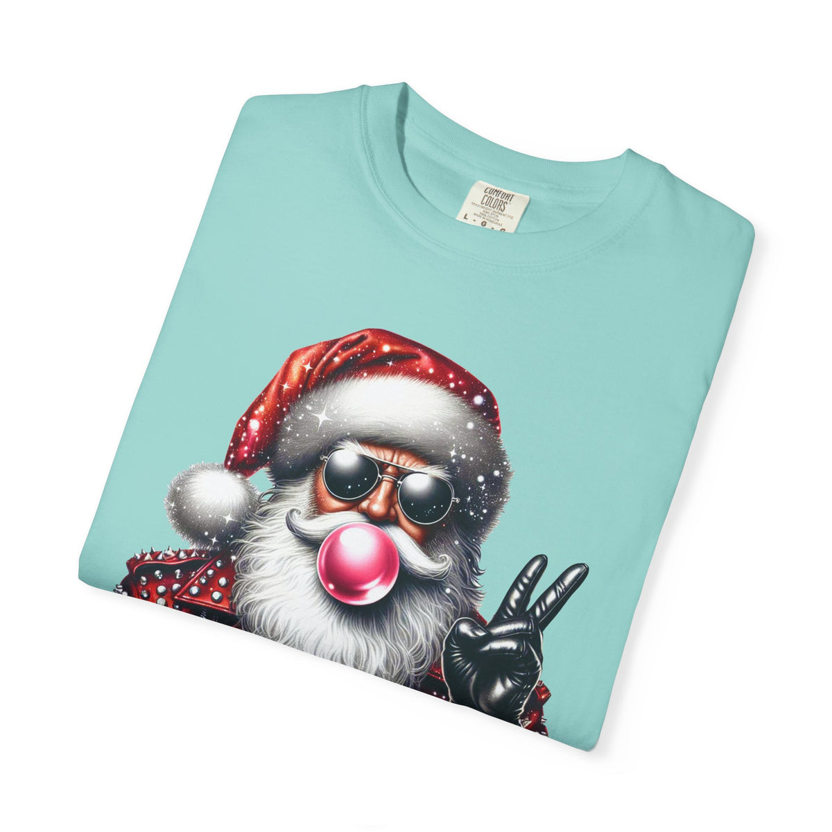 Biker Santa Leather Jacket Bubblegum - Comfort Colors | Trendy Women's and Men's T-Shirt. Direct to Garment. Printed & Shipped in the USA. Unisex Sizes.