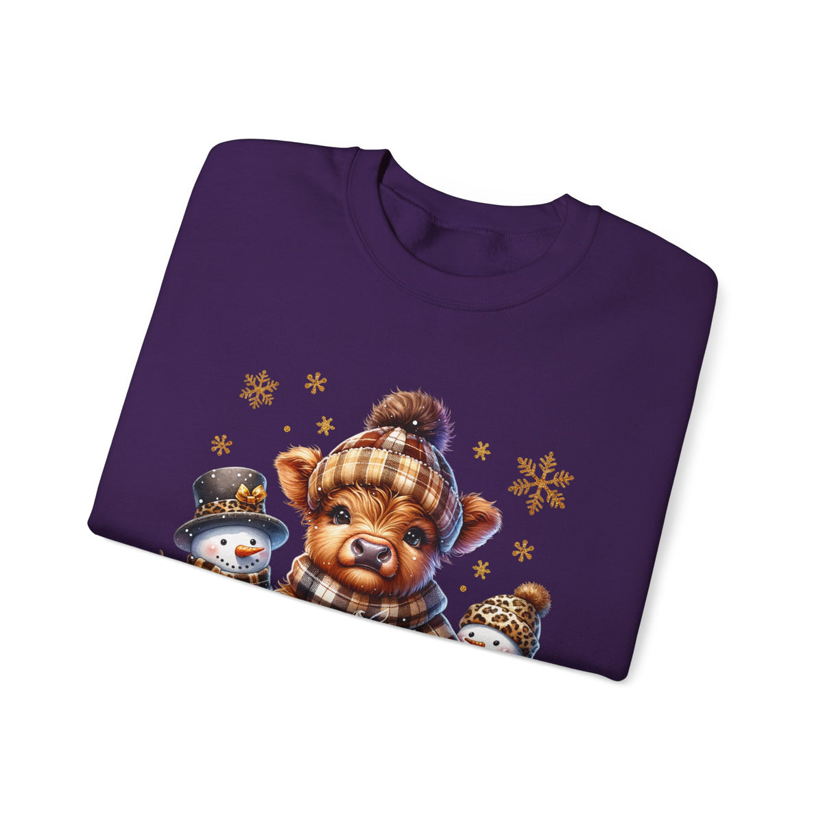 Cute Highland Cow with Snowmen, Winter – Gildan Heavy Blend | Trendy Women’s Soft Sweatshirt. Direct to Garment. Printed & Shipped in the USA. Unisex Sizes.