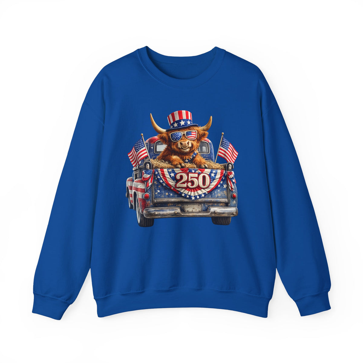 Patriotic Highland, America's 250th Birthday – Gildan Heavy Blend | Trendy Women’s and Men's Soft Sweatshirt. Direct to Garment. Printed & Shipped in the USA. Unisex Sizes.