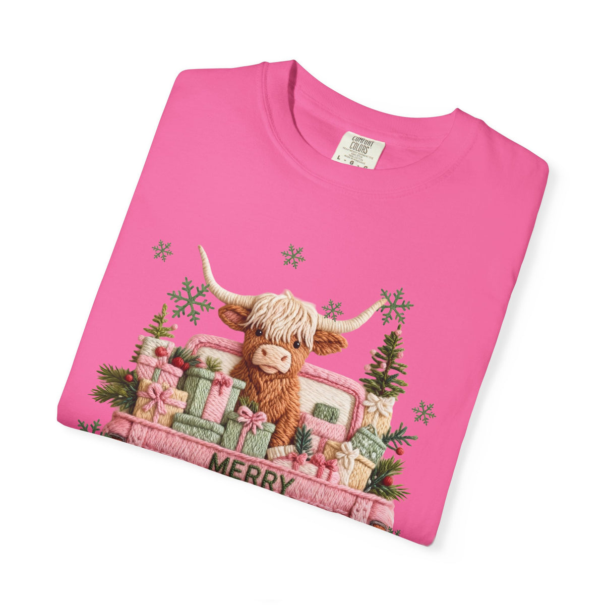 Highland Cow in Pink Truck Merry Christmas Holiday Farmhouse - Comfort Colors | Trendy Women's T-Shirt. Direct to Garment. Printed & Shipped in the USA. Unisex Sizes.