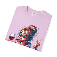Dramatic Girl With Wine Messy Bun Peace Sign  - Comfort Colors | Trendy Women's T-Shirt. Direct to Garment. Printed & Shipped in the USA. Unisex Sizes.