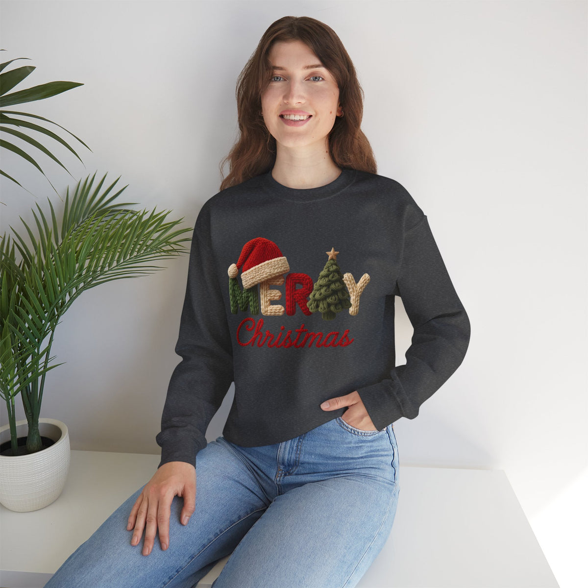 Merry Christmas Faux Yarn w/Santa Hat & Tree – Gildan Heavy Blend | Trendy Women’s Soft Sweatshirt. Direct to Garment. Printed & Shipped in the USA. Unisex Sizes.