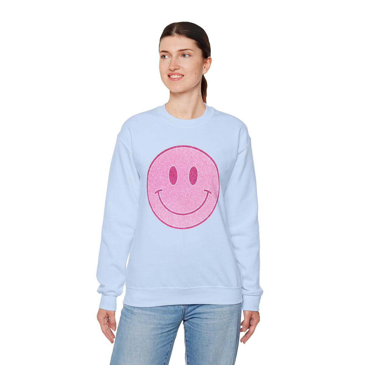 Glitter Smiley – Gildan Heavy Blend | Trendy Women’s Soft Sweatshirt. Direct to Garment. Printed & Shipped in the USA. Unisex Sizes.
