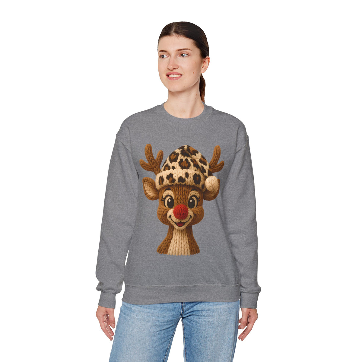 Rudolph Reindeer Leopard Santa Hat Christmas – Gildan Heavy Blend | Trendy Women’s Soft Sweatshirt. Direct to Garment. Printed & Shipped in the USA. Unisex Sizes.