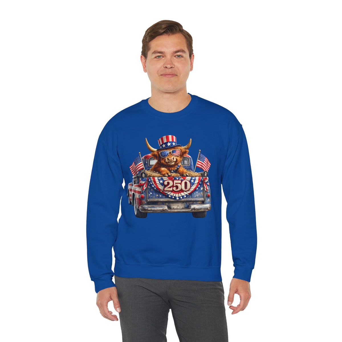 Patriotic Highland, America's 250th Birthday – Gildan Heavy Blend | Trendy Women’s and Men's Soft Sweatshirt. Direct to Garment. Printed & Shipped in the USA. Unisex Sizes.