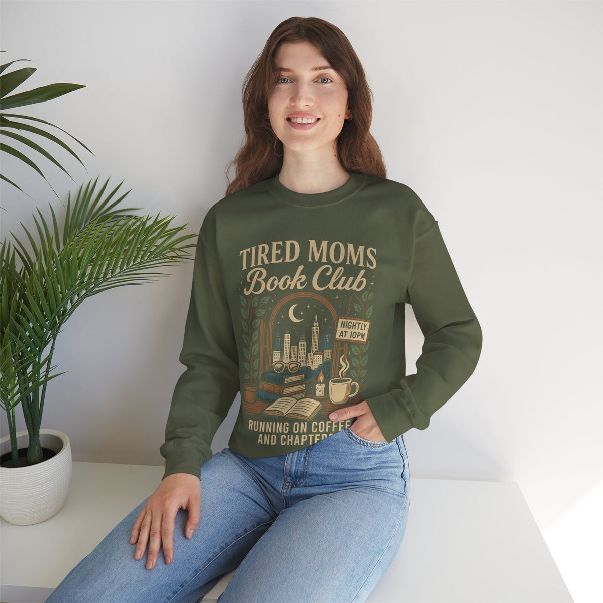 Tired Moms Book Club Running on Coffee and Chapters – Gildan Heavy Blend | Trendy Women’s Soft Sweatshirt. Direct to Garment. Printed & Shipped in the USA. Unisex Sizes.