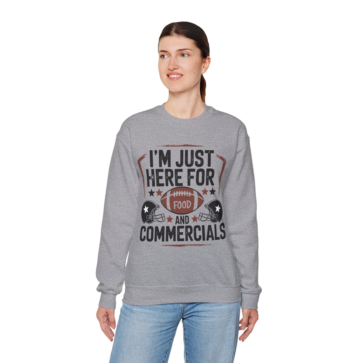 I'm Just Here for Food and Commercials – Gildan Heavy Blend | Trendy Women’s and Men's Soft Sweatshirt. Direct to Garment. Printed & Shipped in the USA. Unisex Sizes.