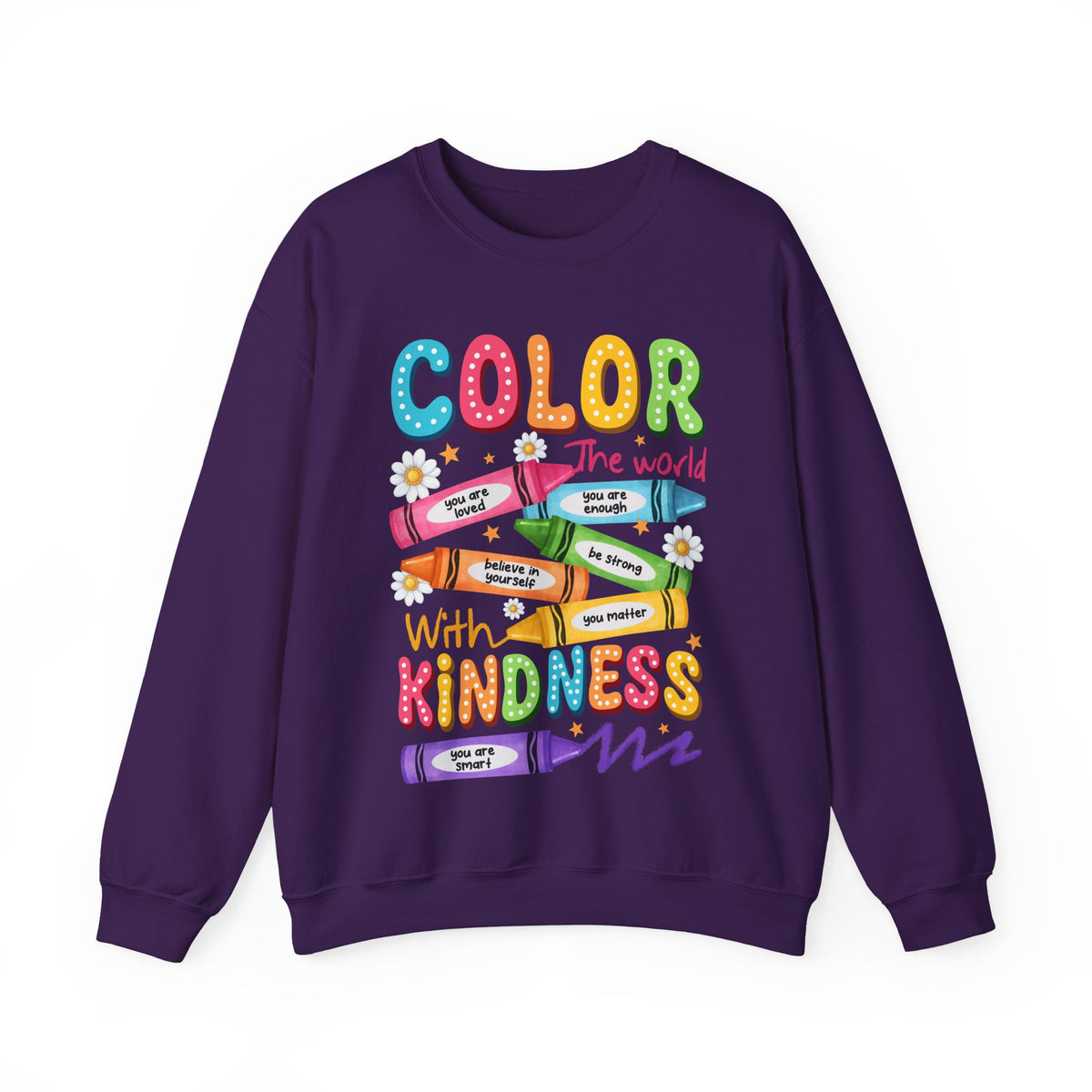 Color the World With Kindness Crayons, Great Teacher Gift – Gildan Heavy Blend | Trendy Women’s and Men's Soft Sweatshirt. Direct to Garment. Printed & Shipped in the USA. Unisex Sizes.