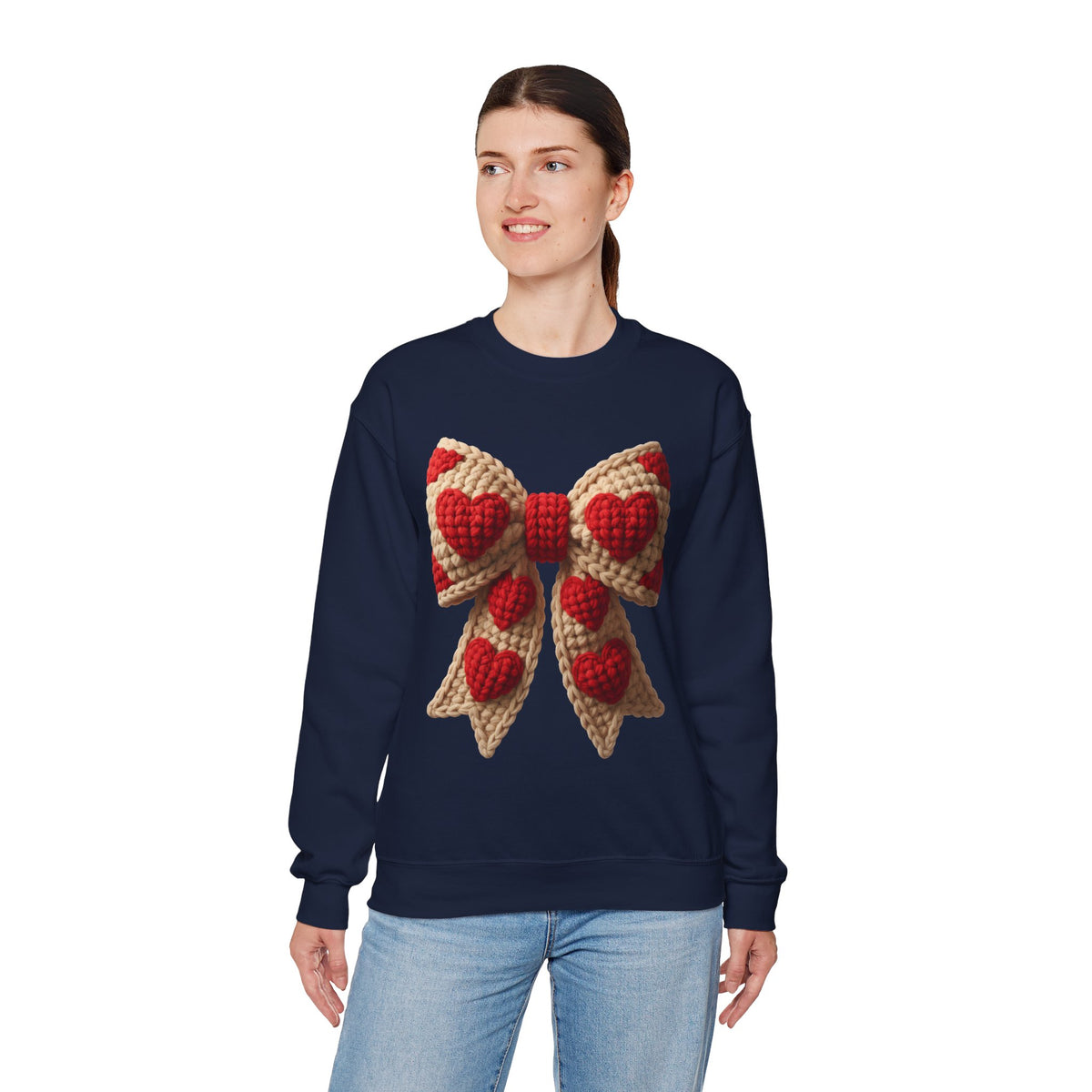 Faux Crochet Valentine Bow – Gildan Heavy Blend | Trendy Women’s Soft Sweatshirt. Direct to Garment. Printed & Shipped in the USA. Unisex Sizes.