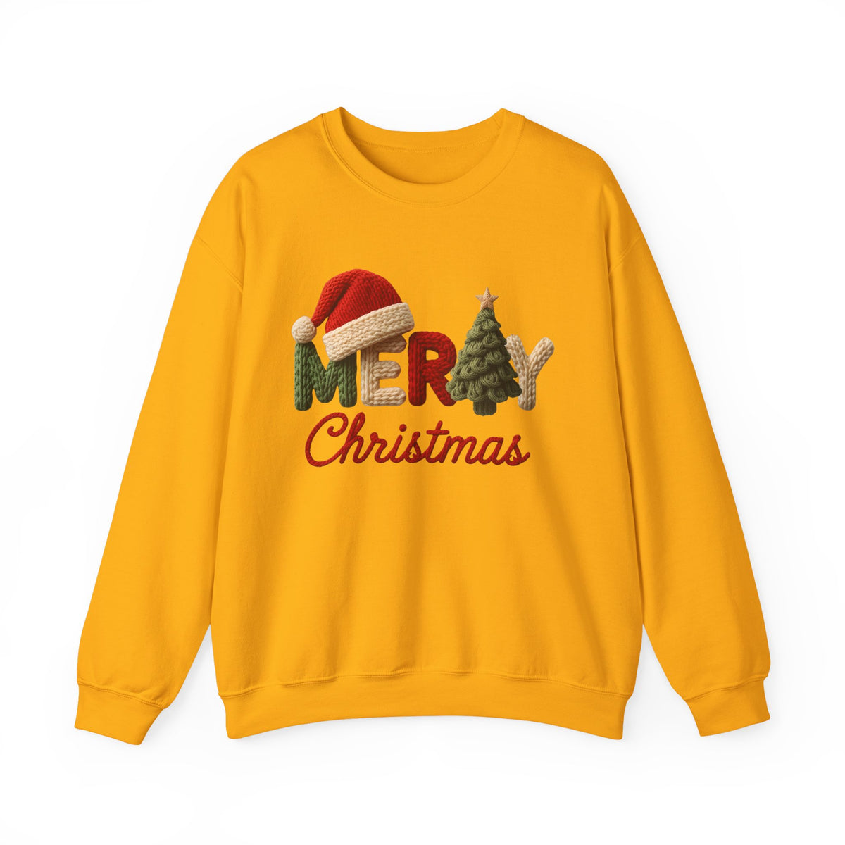 Merry Christmas Faux Yarn w/Santa Hat & Tree – Gildan Heavy Blend | Trendy Women’s Soft Sweatshirt. Direct to Garment. Printed & Shipped in the USA. Unisex Sizes.