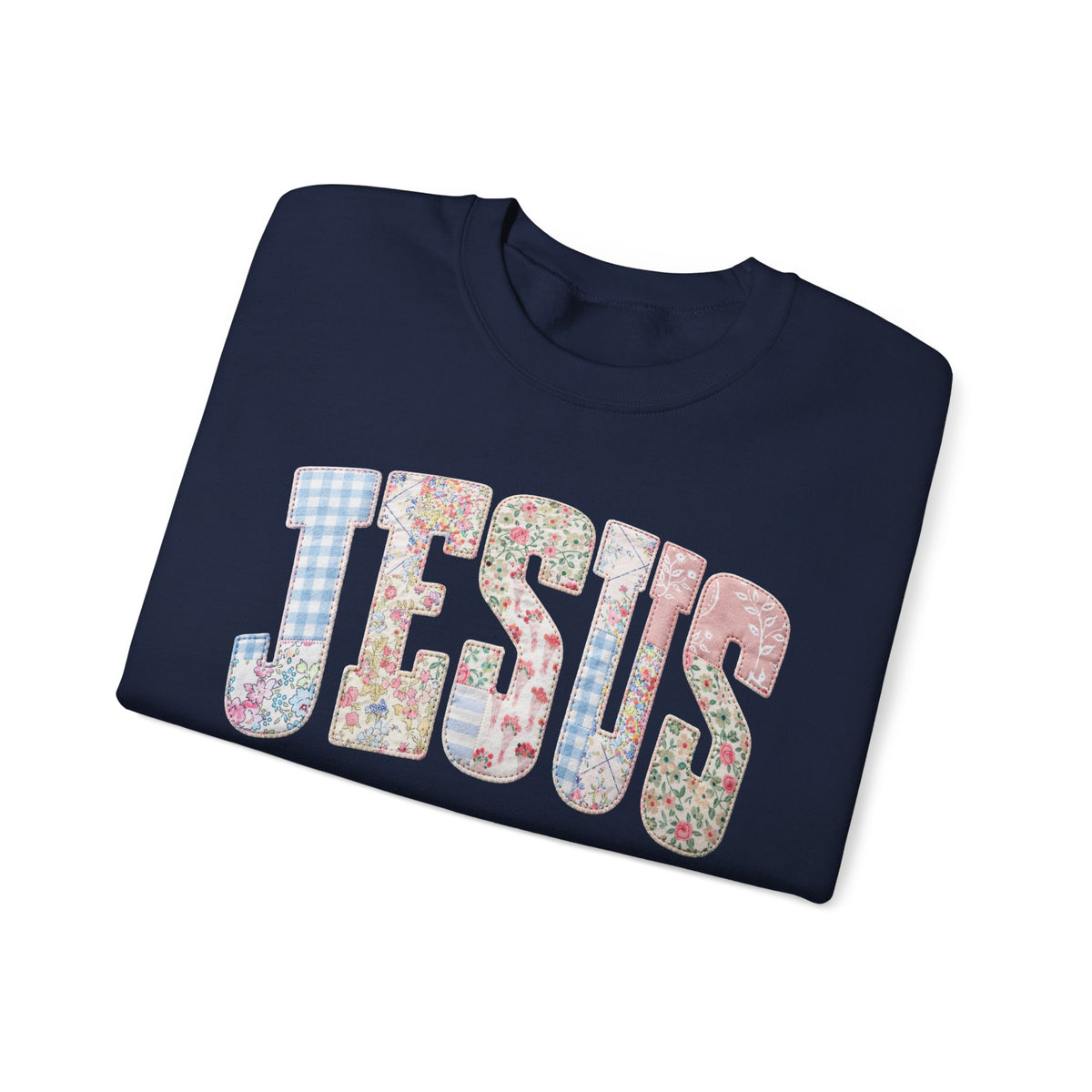 Jesus faux Patchwork – Gildan Heavy Blend | Trendy Women’s Soft Sweatshirt. Direct to Garment. Printed & Shipped in the USA. Unisex Sizes.