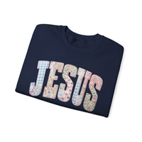 Jesus faux Patchwork – Gildan Heavy Blend | Trendy Women’s Soft Sweatshirt. Direct to Garment. Printed & Shipped in the USA. Unisex Sizes.
