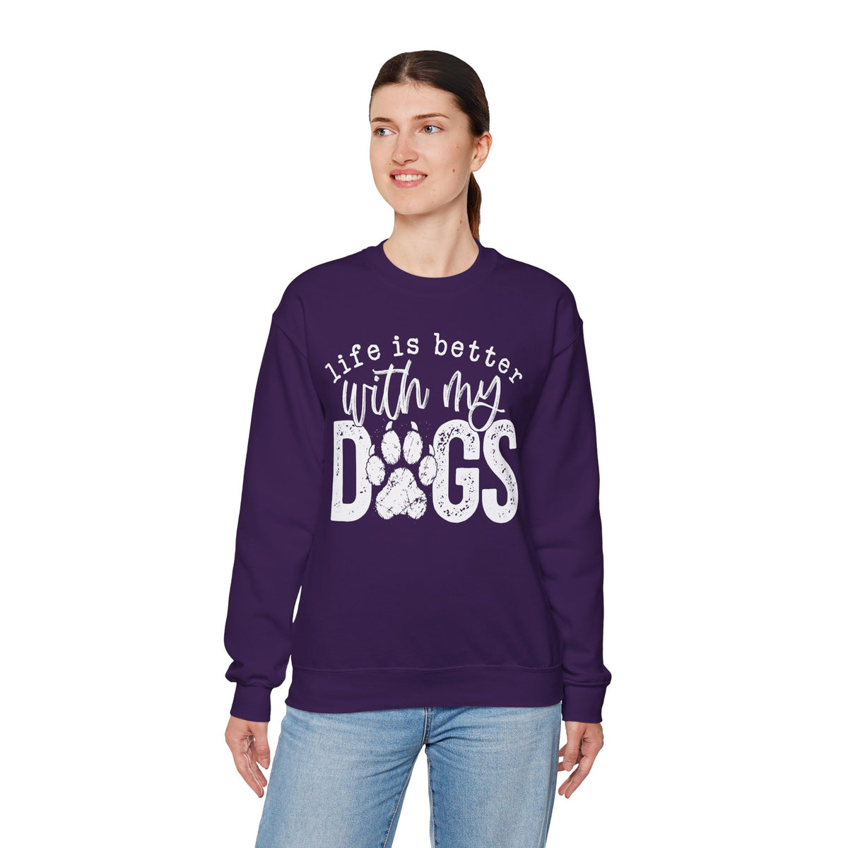 Life Is Better With My Dogs, Distressed – Gildan Heavy Blend | Trendy Women’s and Men's Soft Sweatshirt. Direct to Garment. Printed & Shipped in the USA. Unisex Sizes.
