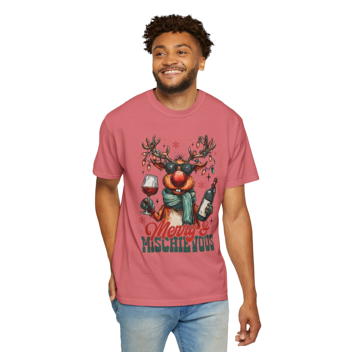 Merry & Mischievous Reindeer - Comfort Colors | Trendy Women's and Men's T-Shirt. Direct to Garment. Printed & Shipped in the USA. Unisex Sizes.