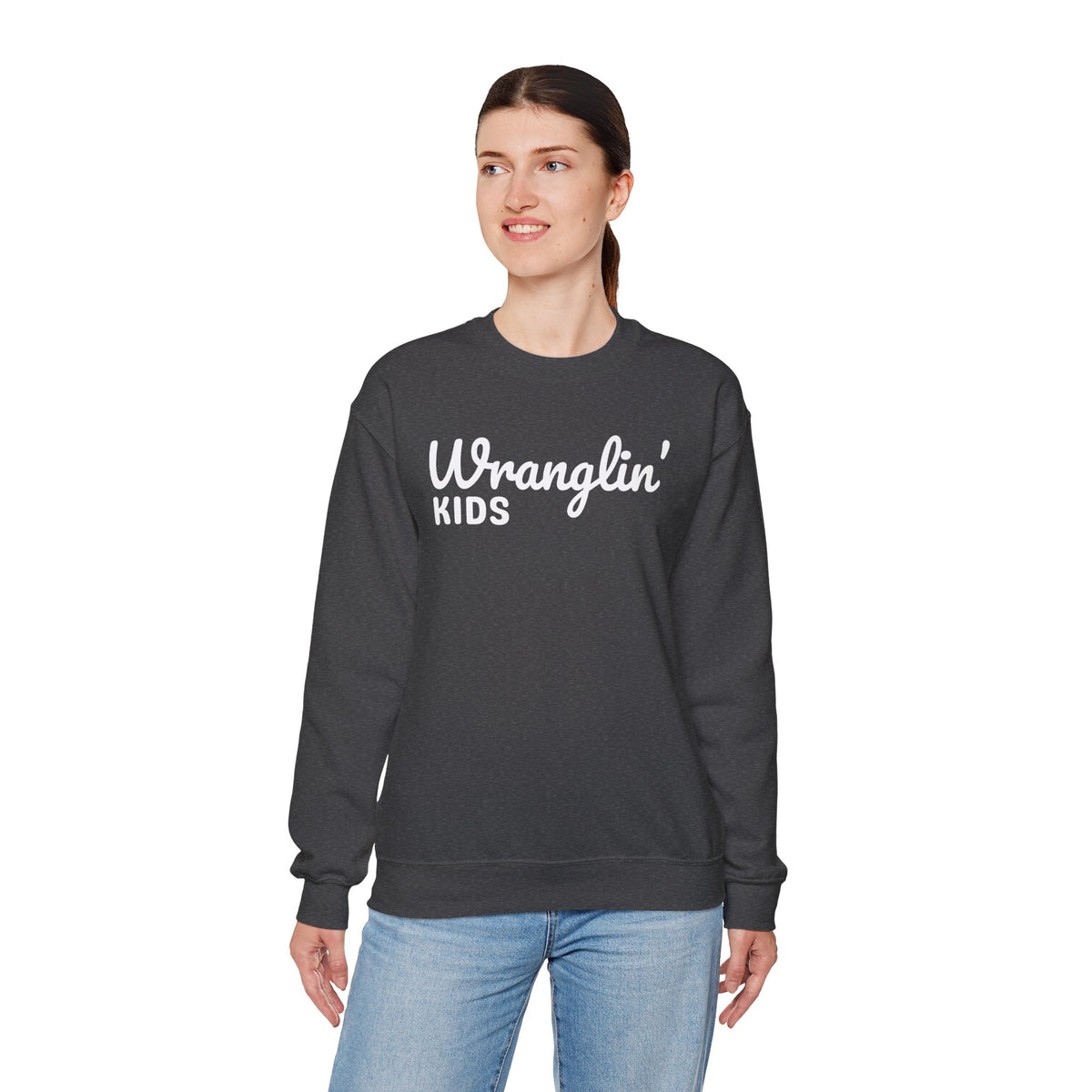 Wranglin' Kids Funny Mom Dad – Gildan Heavy Blend | Trendy Women’s and Men's Soft Sweatshirt. Direct to Garment. Printed & Shipped in the USA. Unisex Sizes.