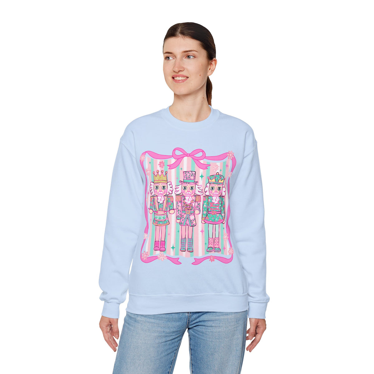 Coquette Pastel Christmas Nutcracker Trio Pink and Green – Gildan Heavy Blend | Trendy Women’s Soft Sweatshirt. Direct to Garment. Printed & Shipped in the USA. Unisex Sizes.