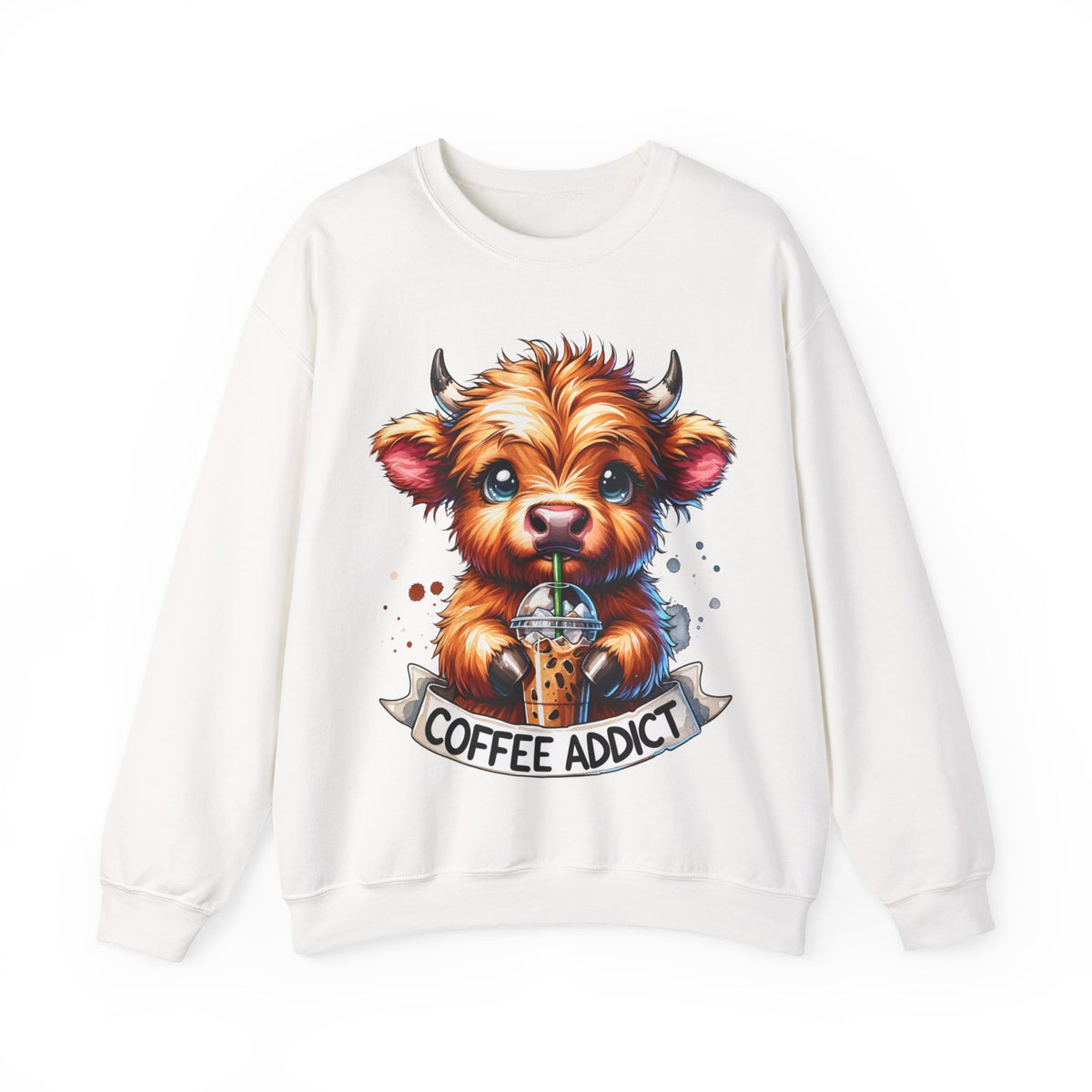Coffee Addict Highland Cow Drinking Iced Coffee – Gildan Heavy Blend | Trendy Women’s Soft Sweatshirt. Direct to Garment. Printed & Shipped in the USA. Unisex Sizes.