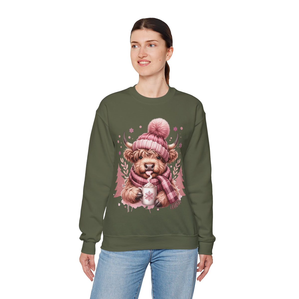Cozy Highland Cow, Winter Coffee Mug & Scarf Pink – Gildan Heavy Blend | Trendy Women’s Soft Sweatshirt. Direct to Garment. Printed & Shipped in the USA. Unisex Sizes.
