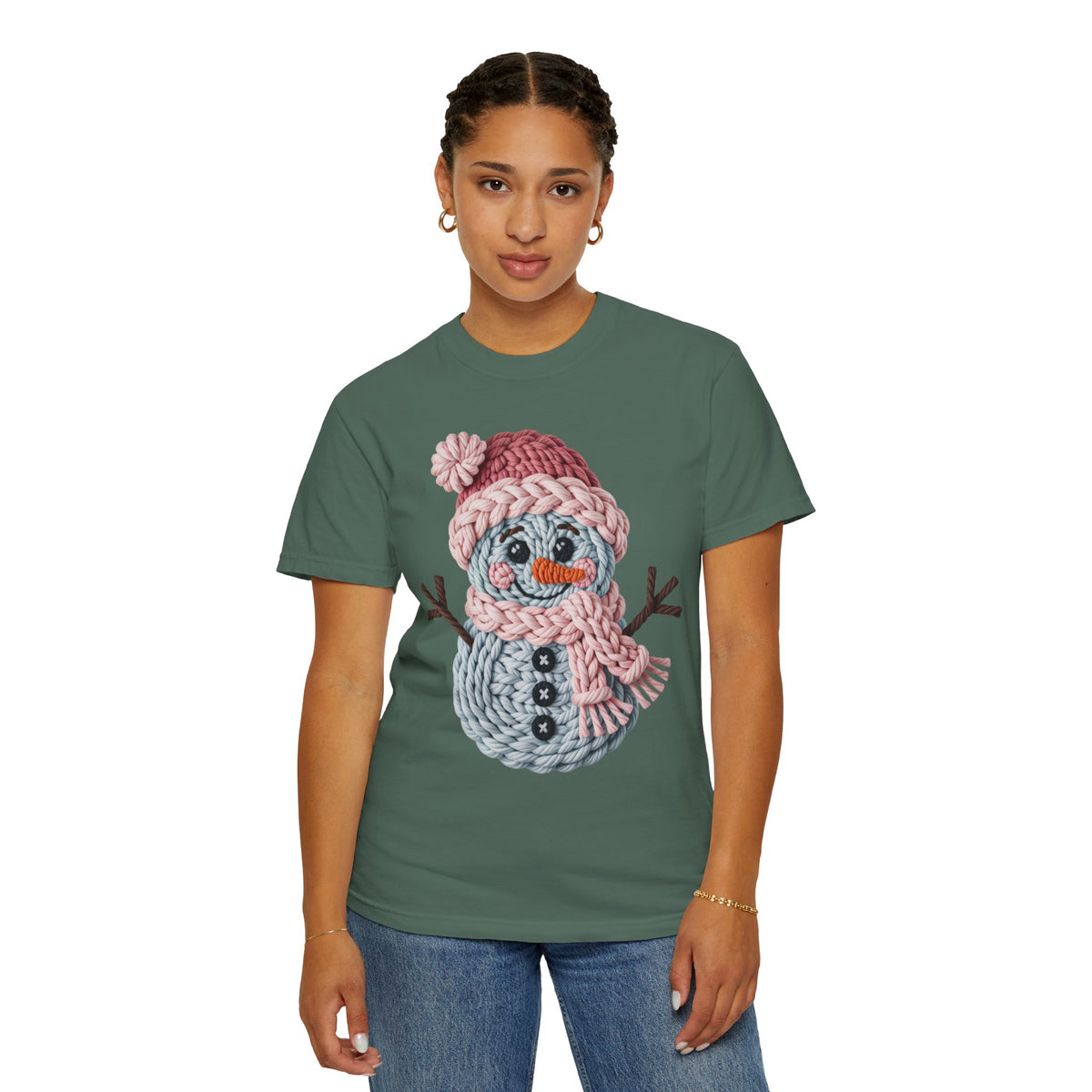 Cute Yarn Snowman - Pink Scarf - Comfort Colors | Trendy Women's T-Shirt. Direct to Garment. Printed & Shipped in the USA. Unisex Sizes.