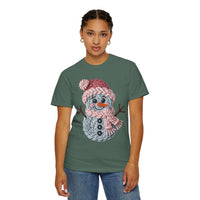 Cute Yarn Snowman - Pink Scarf - Comfort Colors | Trendy Women's T-Shirt. Direct to Garment. Printed & Shipped in the USA. Unisex Sizes.