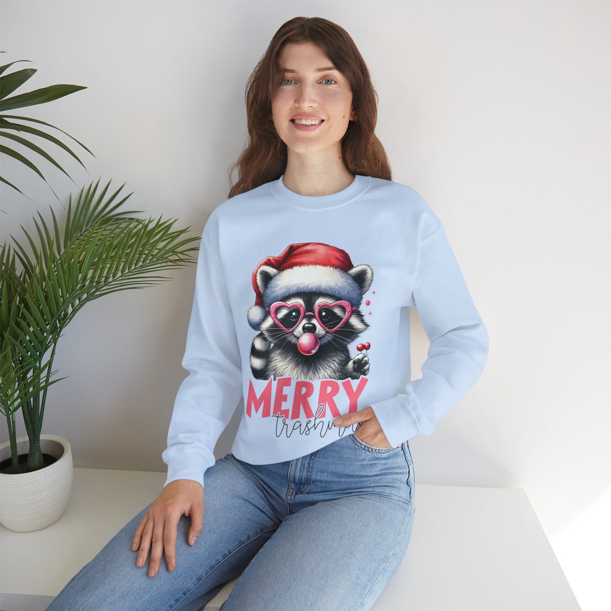 Merry Trashmas Bubblegum Raccoon w/Santa Hat Christmas – Gildan Heavy Blend | Trendy Women’s Soft Sweatshirt. Direct to Garment. Printed & Shipped in the USA. Unisex Sizes.
