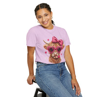 Highland Cow - Pink Heart Shaped Glasses - Comfort Colors | Trendy Women's T-Shirt. Direct to Garment. Printed & Shipped in the USA. Unisex Sizes.