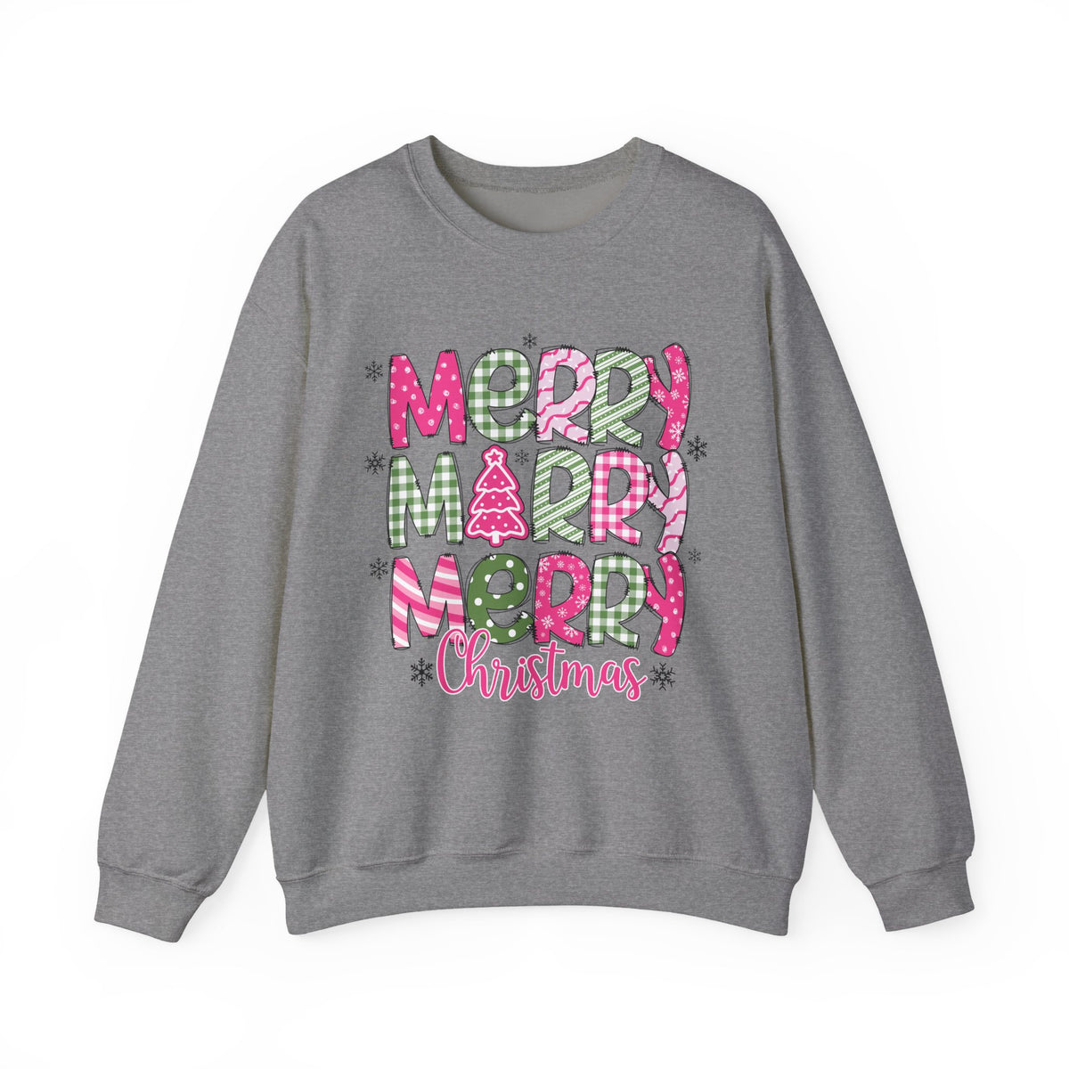 Merry Merry Merry Christmas Festive Candy Cane - Pink and Green – Gildan Heavy Blend | Trendy Women’s Soft Sweatshirt. Direct to Garment. Printed & Shipped in the USA. Unisex Sizes.