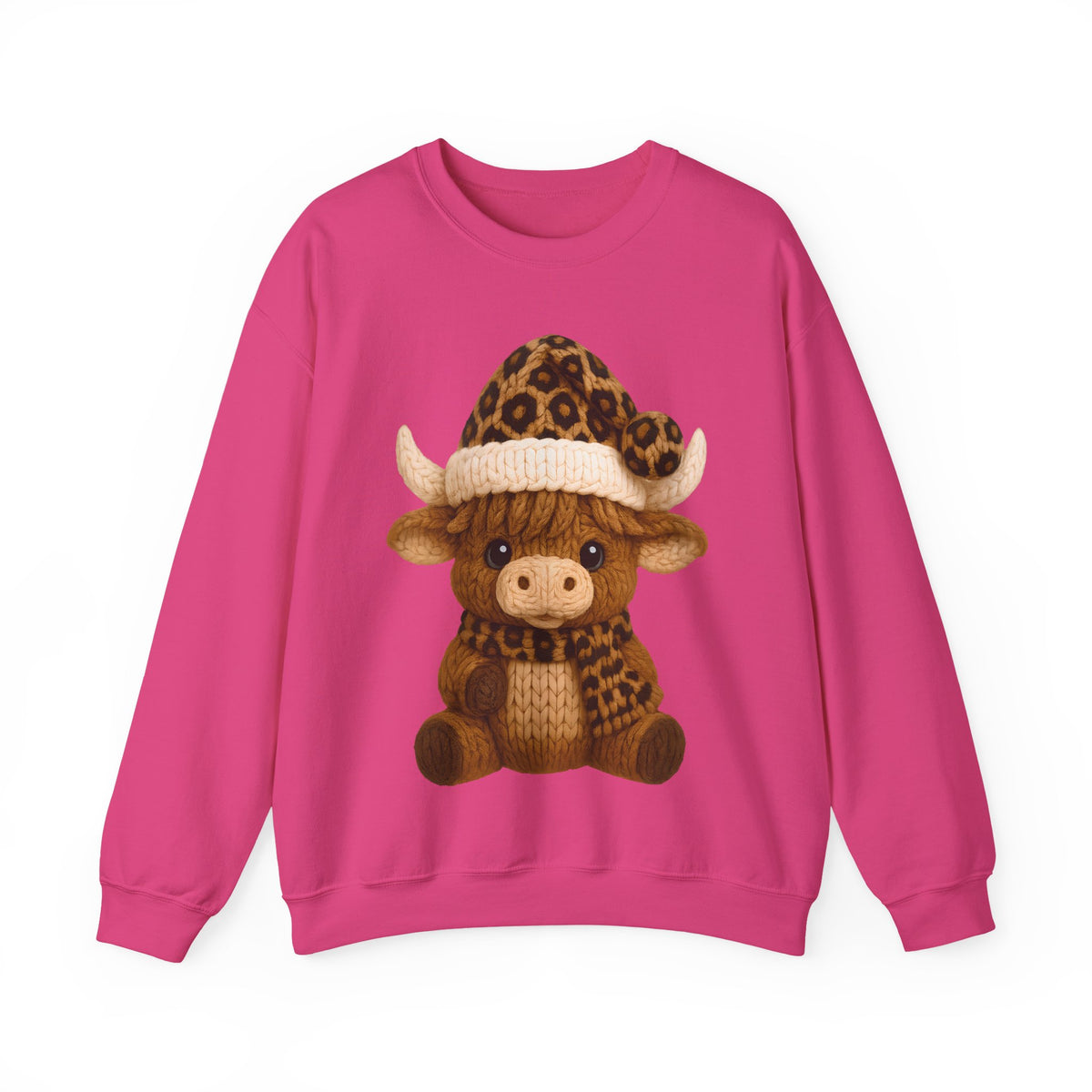 Cute Highland Cow with Leopard Santa Hat Christmas – Gildan Heavy Blend | Trendy Women’s Soft Sweatshirt. Direct to Garment. Printed & Shipped in the USA. Unisex Sizes.