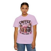 Coffee Is My Soul Food, Iced Coffee, Pink Bow - Comfort Colors | Trendy Women's T-Shirt. Direct to Garment. Printed & Shipped in the USA. Unisex Sizes.