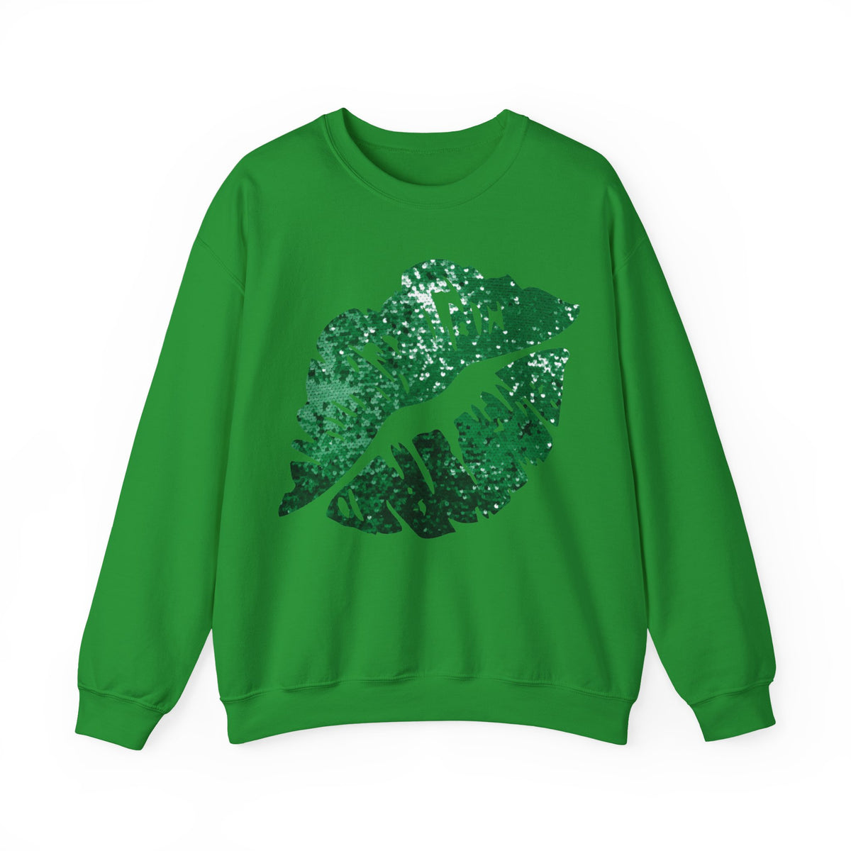 Green Faux Glitter Kiss – Gildan Heavy Blend | Trendy Women’s Soft Sweatshirt. Direct to Garment. Printed & Shipped in the USA. Unisex Sizes.